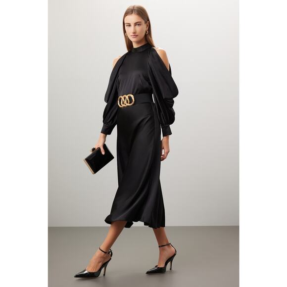 ARIAS New York Black Cold Shoulder Halter Mock Neck Midi Dress Size 4 - Picture 1 of 15